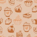 Seamless pattern with sweets. Pastries and cakes, sweets and desserts with strawberries and cherries on beige background Royalty Free Stock Photo