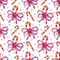 Seamless Pattern With Sweets For Valentine&#x27;s Day, Wedding On Navy Blue. Candy Cane With Ribbon Bow And Yellow Dots