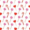 Seamless Pattern With Sweets For Valentine&#x27;s Day, Wedding On Navy Blue. Hearts, Lollipops, Candy Cane.