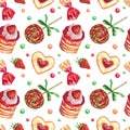 Seamless pattern from sweets on a white background. Royalty Free Stock Photo