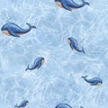 Seamless pattern with swimming whales on blue. Sperm whale breathe producing water splashes. Background with soft watercolor