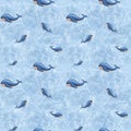 Seamless pattern with swimming whales on blue. Sperm whale breathe producing water splashes. Background with soft watercolor