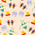 Seamless pattern with swimsuit, sunglasses, hat, flip flops. Summer holiday pattern. Beach time. Royalty Free Stock Photo