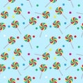 Seamless pattern with swirl lollipop and candy ball shape element on light blue color background. Colorful vector illustration for Royalty Free Stock Photo