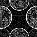Seamless pattern with sword, pentagram and mystic symbols on black.