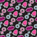 Seamless pattern symbol male and female stiker. Comic style. Kiss lips and strawberry. Vector hand drawn surface design on black Royalty Free Stock Photo