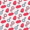 Seamless pattern symbol male and female. Comic style. Kiss lips and strawberry. Vector hand drawn surface design on cell pink Royalty Free Stock Photo