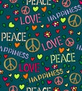 Seamless pattern with symbols of the hippie. love and peace color background