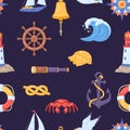 Seamless pattern with symbols and items. Marine cute background.
