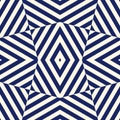 Seamless pattern with symmetric geometric ornament. Striped navy blue abstract background. Repeated blocks wallpaper.
