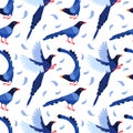 Seamless pattern Taiwan azure magpie. Background from exotic birds of Taiwan and of Asia. Urocissa caerulea. Cute Blue cartoon