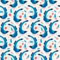 Seamless pattern taiwan blue magpie. Backdrop Blue cartoon bird and pink sakura blossoms. Urocissa caerulea. Exotic