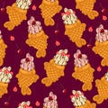 Seamless pattern with taiyaki ice cream with cherries and strawberries. Vector graphics