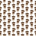 Seamless pattern Takeaway disposable cup with lid and coffee bean on it in trendy soft coffee shades Royalty Free Stock Photo