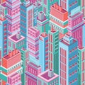 Seamless pattern with tall isometric city buildings, skyscrapers or towers of modern megalopolis. Background with city