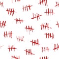 Seamless pattern tally marks. Red bloody hand drawn strokes, sketchy waiting days count, crossed out rough lines background. Decor Royalty Free Stock Photo
