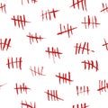 Seamless pattern tally marks. Red bloody hand drawn strokes, sketchy waiting days count, crossed out rough lines