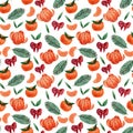 Seamless pattern with tangerines and red bows on a white background. Royalty Free Stock Photo