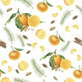 Seamless pattern with tangerines, spices and branches of tree, watercolor painting