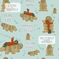 Seamless pattern of tardigrades with reading human and different phrases from water bear: Let you dreams come true, let yourself