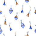 Seamless pattern. Tassels of blue and beige yarn with strung beads. Handmade toys for the new year. Watercolor