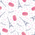 Seamless pattern with tasty macaroons, Eiffel Tower, Paris and dots