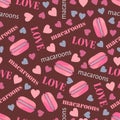 Seamless pattern with tasty macaroons, hearts and love