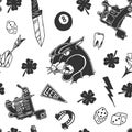 Seamless pattern with traditional tattoo designs: dice, clover, knife, lightning bolt, panther, tattoo machine, tooth, snake, hors Royalty Free Stock Photo