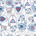 Seamless pattern with tattooed hands and ethnic or esoteric symbols