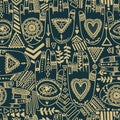 Seamless pattern with tattooed hands and ethnic or esoteric symbols