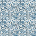 Seamless pattern with tattooed hands and ethnic or esoteric symbols