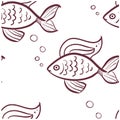 Seamless pattern tawny port doodle fish with bubbles