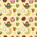 Seamless pattern. tea bag, cookies, croissant cupcake. eps10 vector illustration. hand drawing. Royalty Free Stock Photo