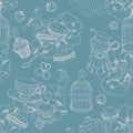 Seamless pattern with tea, cage, coffee pot, cup, jelly, cherry, berry, macaroon, strawberry, spoon, bird, flower, peony