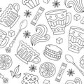 Seamless pattern with tea, coffee, pastries and sweets. Doodle style vector Royalty Free Stock Photo