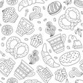 Seamless pattern with tea, coffee, pastries and sweets. Doodle style vector Royalty Free Stock Photo