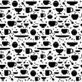 Seamless pattern with tea and coffee utensils. Black Silhouettes of cups, spoons, saucers on a white background. Vector Royalty Free Stock Photo