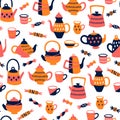 Seamless Pattern with Tea Elements. Background with Teapots, Cups and Sweets Royalty Free Stock Photo