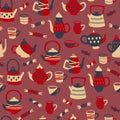 Tea Seamless Pattern with Cups, Pots and Candy. Hand Drawn Vector Illustration Royalty Free Stock Photo