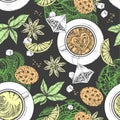 Seamless pattern with tea leaves, teapots, tea cups, tea bags, cookies, sugar and star anise