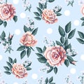 Seamless pattern with tea roses bouquet on light blue background. Vector illustration. Royalty Free Stock Photo