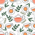 Seamless pattern tea set, afternoon tea party, a collection of elements of the tea ceremony, a bag, a cup Royalty Free Stock Photo