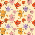 Seamless Pattern with Tea set mascots in retro cartoon style illustration Royalty Free Stock Photo