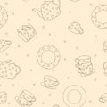 Seamless pattern with tea set. Teapot, cups and saucers with polka dots.