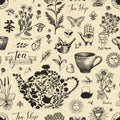 Seamless pattern on the tea theme with pencil drawings
