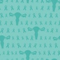 Seamless pattern with teal cancer ribbon and uterus. Ovarian and Cervical Cancer Awareness Month teal background. Cancer ribbon