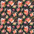 Seamless pattern with teapot and cup of Herbal tea, rose flowers of wild dog rose and goldfinch bird isolated on black