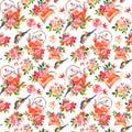 Seamless pattern with teapot and cup of Herbal tea, rose flowers of wild dog rose and goldfinch bird isolated on white