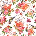 Seamless pattern with teapot and cup of Herbal tea, rose flowers of wild dog rose and goldfinch bird isolated on white