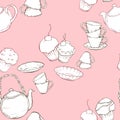 Seamless pattern with teapot, cups and cake on pink background